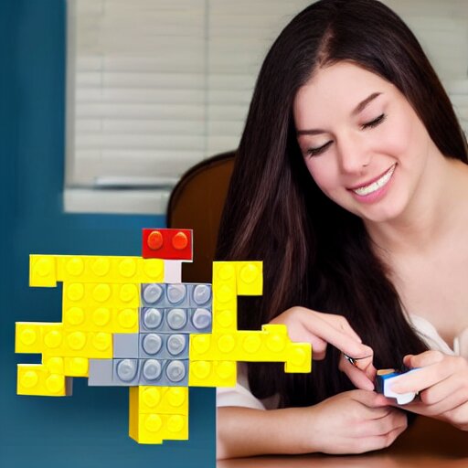 woman, 1 8 years old, brown hair, brown eyes, building the pokemon abra out of legos, well lit, high quality, 