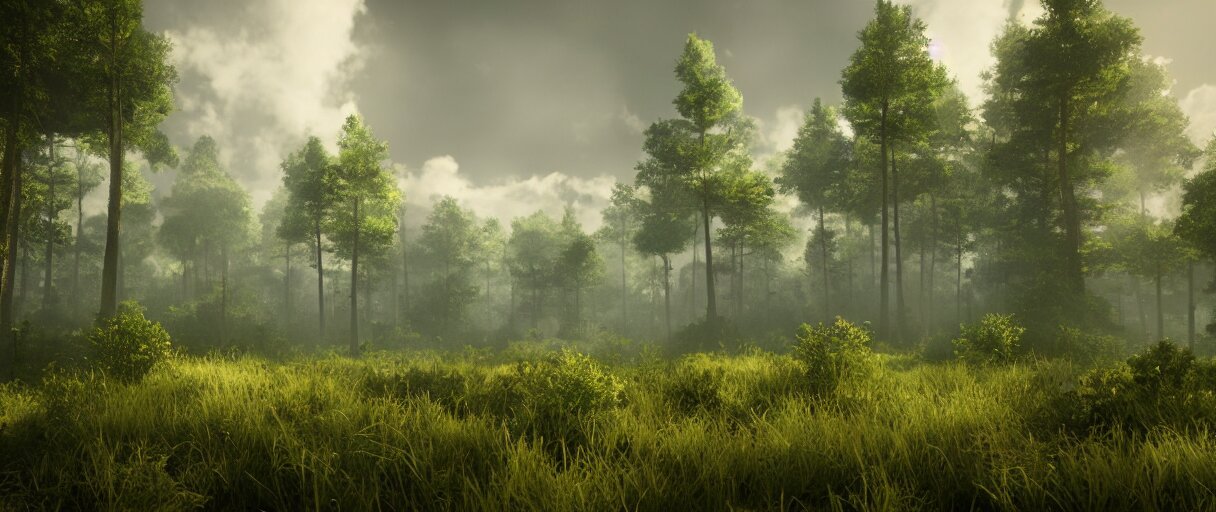 a wide shot of a forest growing on top of cumulus clouds, beautiful, stunning, serene, volumetric light, volumetric clouds, photography, color, intricate, extremely detailed, photorealistic, unreal engine 5