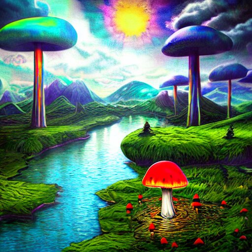 psychedelic mushroom kingdom, dmt, landscape, river, trending on artstation, detailed, realistic, photo