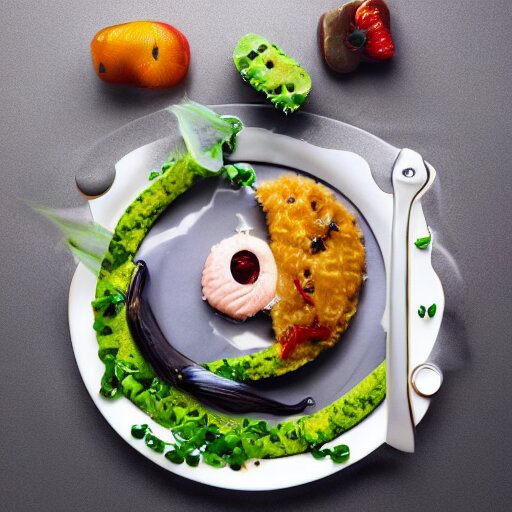 a meal of rather weird and slightly disgusting, but also futuristic designer food, food photography