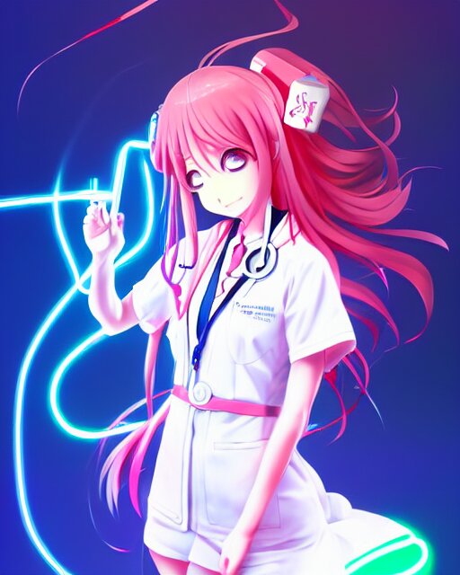 anime style, vivid, expressive, full body, 4 k, painting, a cute magical girl with a long wavy hair wearing a nurse outfit, correct proportions, realistic light and shadow effects, neon lights, centered, simple background, studio ghibly makoto shinkai yuji yamaguchi 