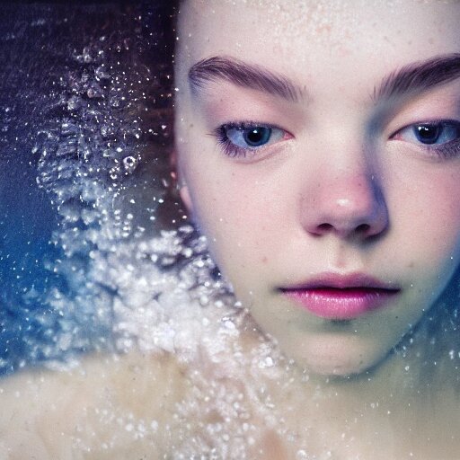 portrait of a beautiful girl + anya taylor - joy floating under the deep dream water, beautiful smooth soft light + white petal, by personal photography, art by brookskim, closeup, 4 k, highly detailed, instagram, 