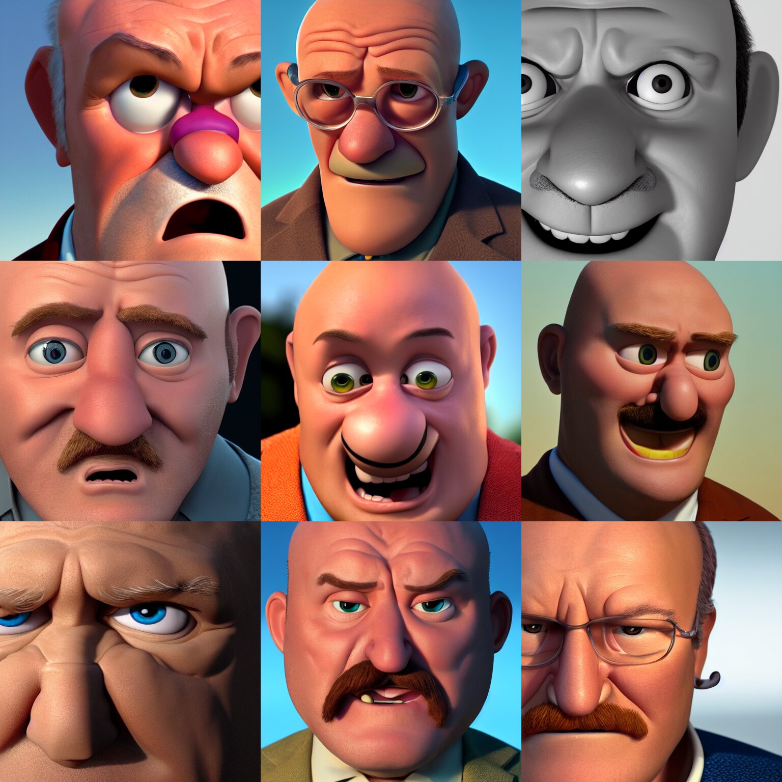 head macro shot of gene hackman as a pixar disney character from up ( 2 0 0 9 ), unreal engine, octane render, 3 d render, photorealistic - c 1 1 