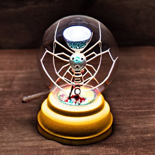 a metal spider with a gnome snow globe head, professional lighting 