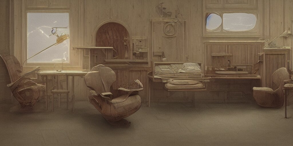 furniture designs in the style of moebius, design sheet, Les Edwards, Zdzislaw Beksinski, Carl Gustav Carus, John Harris, Michal Karcz, Zhang Kechun, Mikko Lagerstedt, Scott Listfield, Steven Outram, Jessica Rossier.