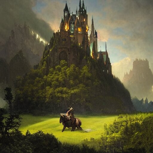 beautiful matte art of a big castle in a serene landscape, a knight riding a dragon, by albert bierstadt, green grass, highly detailed, crystal lighting, mystical, forest, hyperrealistic, 4 k, unreal engine, magical, by joe fenton, by greg rutkowski, by greg tocchini, by kaws, by kate beaton, by kaethe butcher 