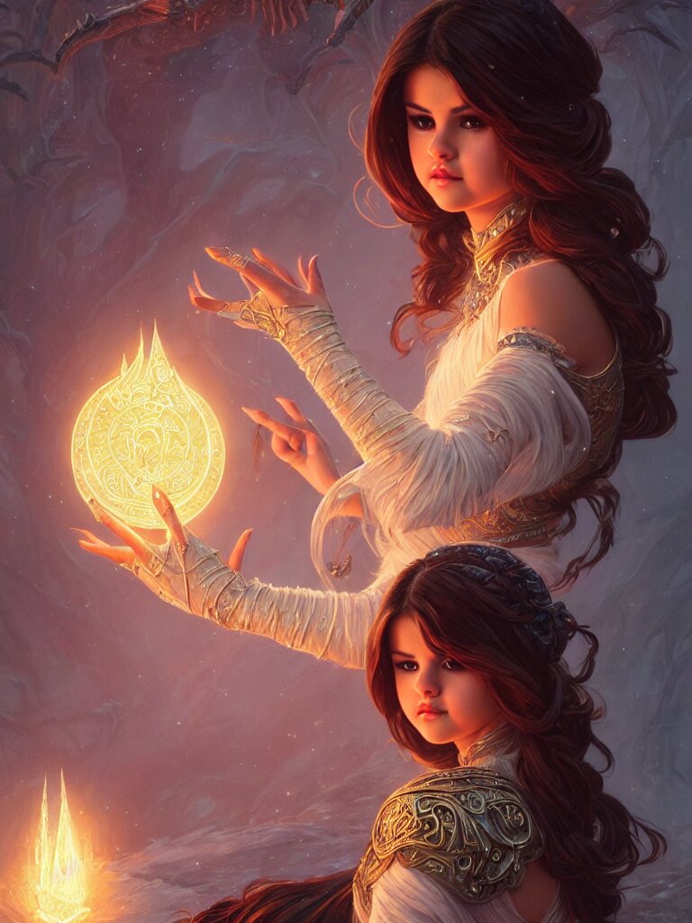 Selena Gomez casting an frost spell, D&D, fantasy, intricate, elegant, highly detailed, digital painting, artstation, concept art, matte, sharp focus, illustration, hearthstone, art by Artgerm and Greg Rutkowski and Alphonse Mucha