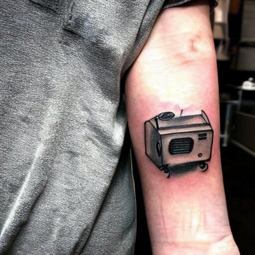 tattoo of a sp - 4 0 4 audio mixer along forearm 