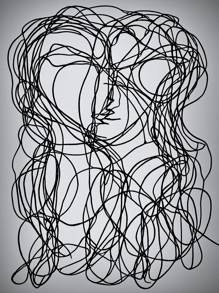 elegant minimalist metal wire art of symmetrical and emotional dramatic female facial features and silhouette, influenced by one line drawings, curves, twirls and spirals 