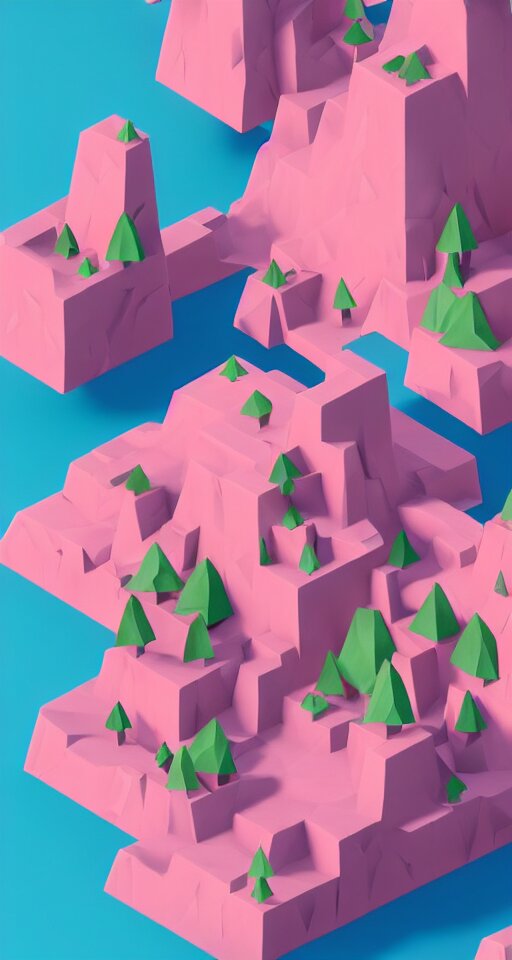 a cute little matte low poly isometric cherry blossom forest island, pink waterfalls, mist, lat lighting, soft shadows, trending on artstation, 3d render, monument valley, fez video game,