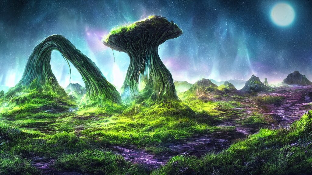 an alien landscape view, alien sky, star in the sky, alien waterfall, alien grass, weird alien trees, alien mountains, epic composition, colorful, 4 k, detailed, realistic 