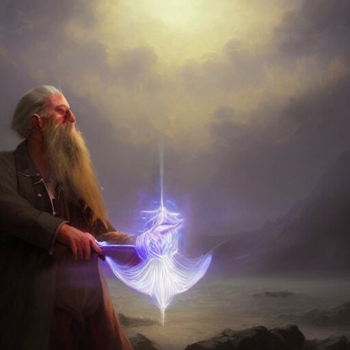 cinematic shot epic portrait an wizard with gray hair and long beard casting a spell with a magic wand, glowing, magic, broad light, ambient occlusion, volumetric light effect, made by ivan aivazovsky, peter mohrbacher, greg rutkowski, matte painting, trending on artstation, 4 k, perfectly defined features, digital painting, cinematic, epic, highly detailed, 