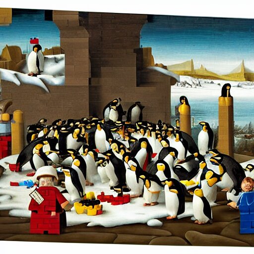 penguins playing with legos, renaissance painting 