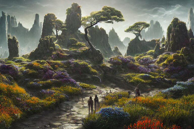 Brutalist Shiro, fantasy landscape, Eden at Dawn, gleaming morning cinematic lighting, amazing cinematic concept painting,  by Jessica Rossier,  Himeji Rivendell  Garden of Eden valley, wildflowers and grasses, terraced orchards and ponds, lush fertile fecund, fruit trees, birds in flight, animals wildlife, beksinski