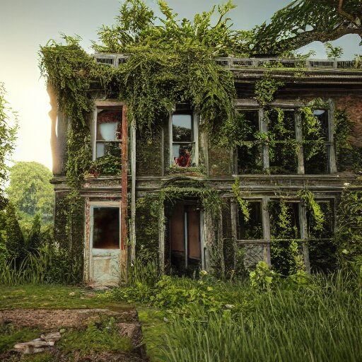 outside a derelict victorian house, garden in front of house is overgrown and walls are crumbling down, moss and ivy cover the walls ray traced unreal 5, ultra details 