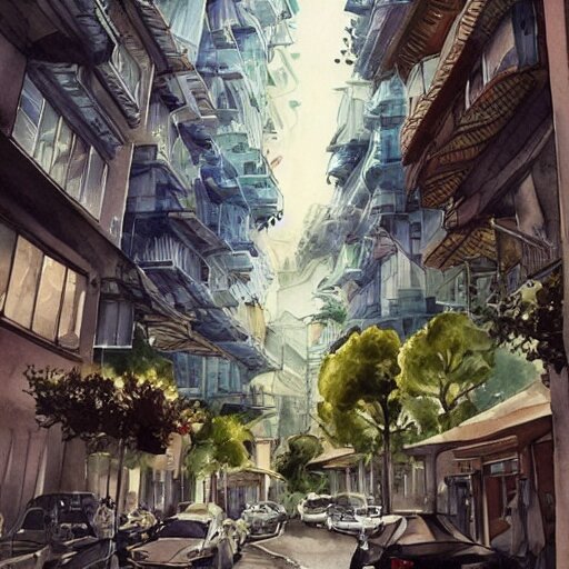 Beautiful picturesque charming futuristic city in harmony with nature. Nice colour scheme, soft warm colour. Beautiful detailed watercolor by Lurid. (2022)