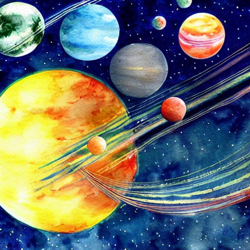 planets colliding, space, stars, sun, earth, planets, explosions, huge explosions in space, watercolor art 