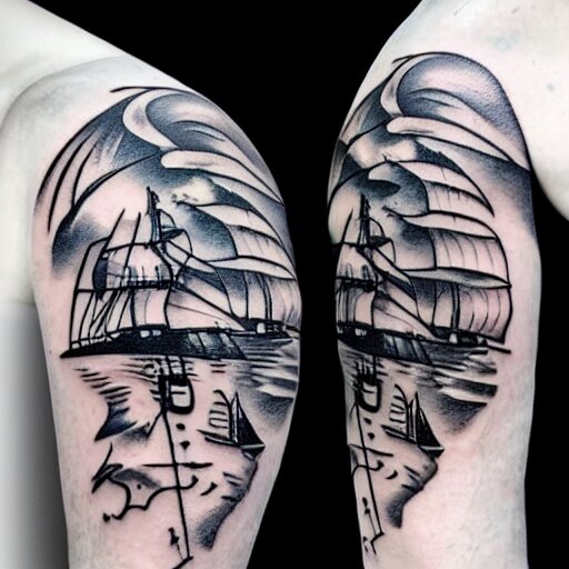 A magical pirate ship tattoo design on white background, hyper realistic shaded tattoo, award winning tattoo