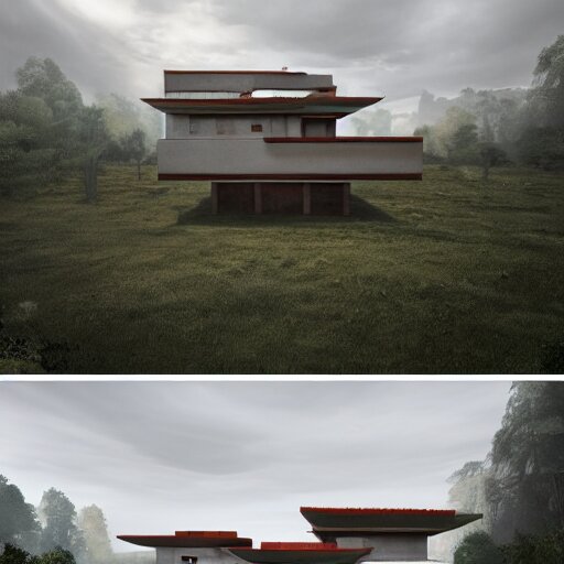 rectangular modernist house inspired by a tibetan palace, surrounded by thick collumns, two levels, in a field, big trees, clouds, dramatic lighting, artstation, matte painting, raphael lacoste, simon stalenhag, frank lloyd wright, drone view 