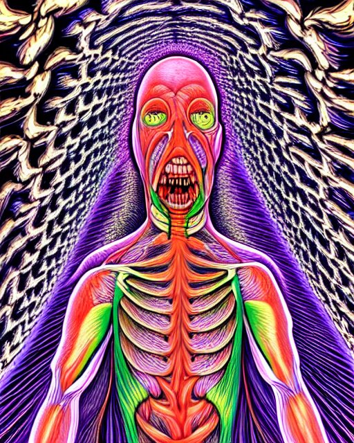 human body breaking away, conjuring psychedelic illustration, part by shintaro kago, part by alex gray, ultra realistic, highly detailed, 8 k, symmetry, fractals, grotesque, vibrant 