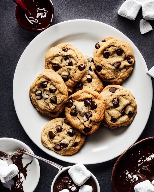 plate full of several freshly baked chocolate chip cookies, delicious, glistening, chocolate sauce, marshmallows, highly detailed, award winning photography octane render 