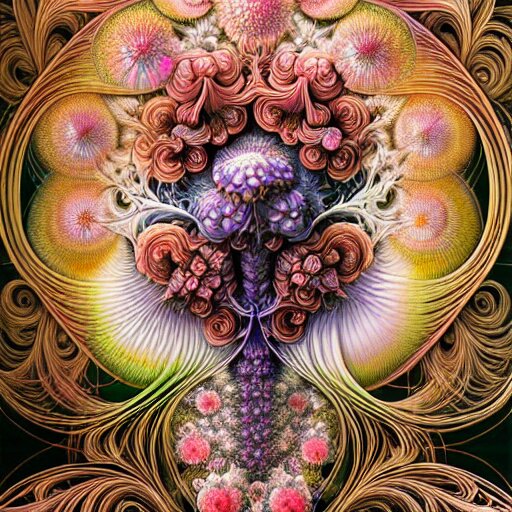 an ultra hd detailed painting of many different types of flowers by Android Jones, Earnst Haeckel, James Jean. behance contest winner, generative art, Baroque, intricate patterns, fractalism, rococo