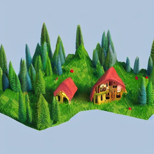 low poly landscape of a magical enchanted forest, digital render 