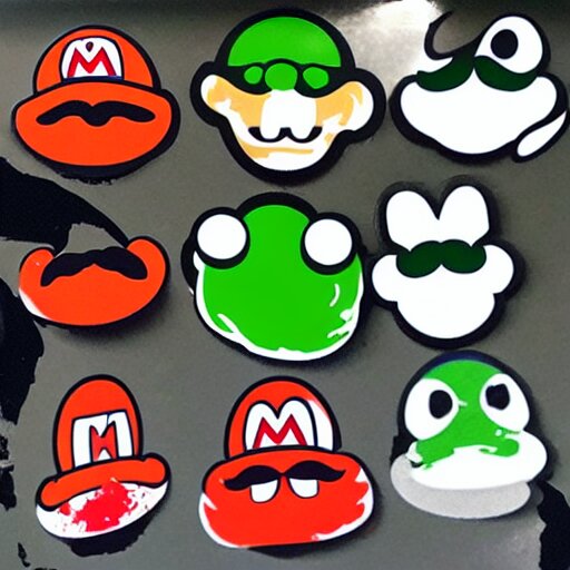 die cut sticker, yoshi wearing mario's mustache, splatter paint 