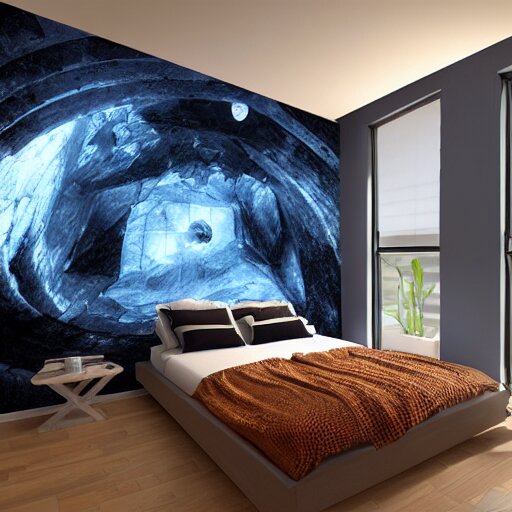 a cozy bedroom interior with wall murals of incredible fantasy space art, detailed, high resolution, wow!, intricate, volumetric lighting, raytracing 