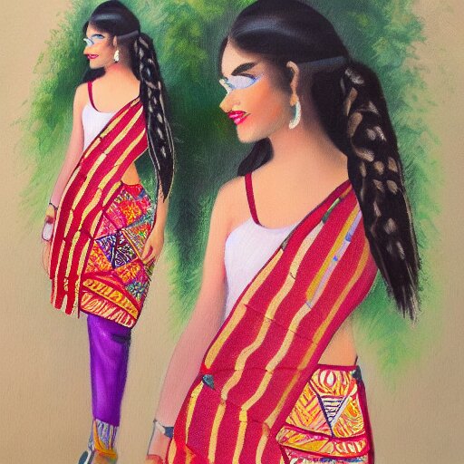 a beautiful oil painting of cute girl wearing modern stylish costume in the style of Assamese bihu mekhela sador gamosa design, commercial fashion design art concept