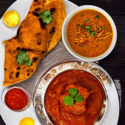 a platter of indian food with a cat in the middle