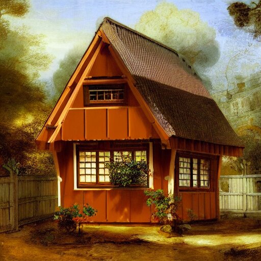 small wooden german garden house, brown, plastic roofed veranda with brown wood side fence, rembrandt style painting, extremely wide angle 