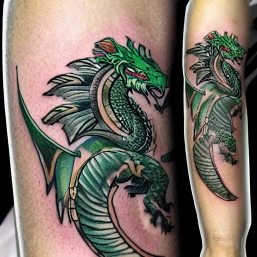 Tattoo of a dragon starting from the elbow, wrapping around the wrist in a downward spiral, emerald placed inside of the dragons mouth, forearm tattoo