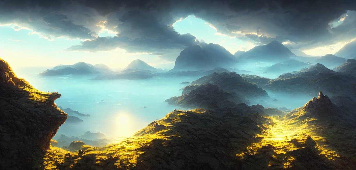 nature landscape, aerial view, drone photography, cinematic, mountains and ocean, cinematic view, epic sky, detailed, concept art, high detail, warm lighting, volumetric, godrays, vivid, beautiful, trending on artstation, by jordan grimmer, art greg rutkowski 