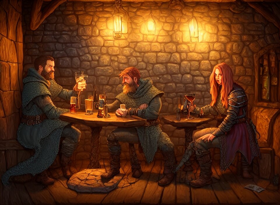 Lexica - A beautiful adventuring couple drinking, dimly-lit cozy tavern ...