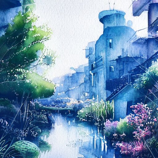 Beautiful happy picturesque charming sci-fi town in harmony with nature. Beautiful light. Water and plants. Nice colour scheme, soft warm colour. Beautiful detailed artsy watercolor by Vincent. (2022)