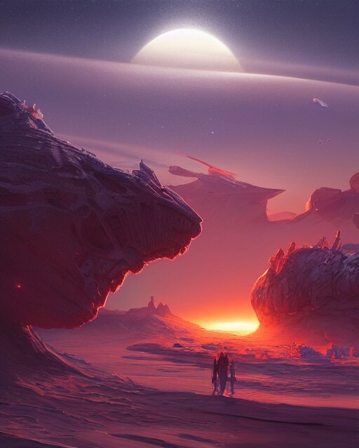 legendary space ship, ice fish shape, desert planet, cinematic, highly detailed, scifi, intricate digital painting, sunset, red glow, illustration, artstation, by johnson ting, jama jurabaev 