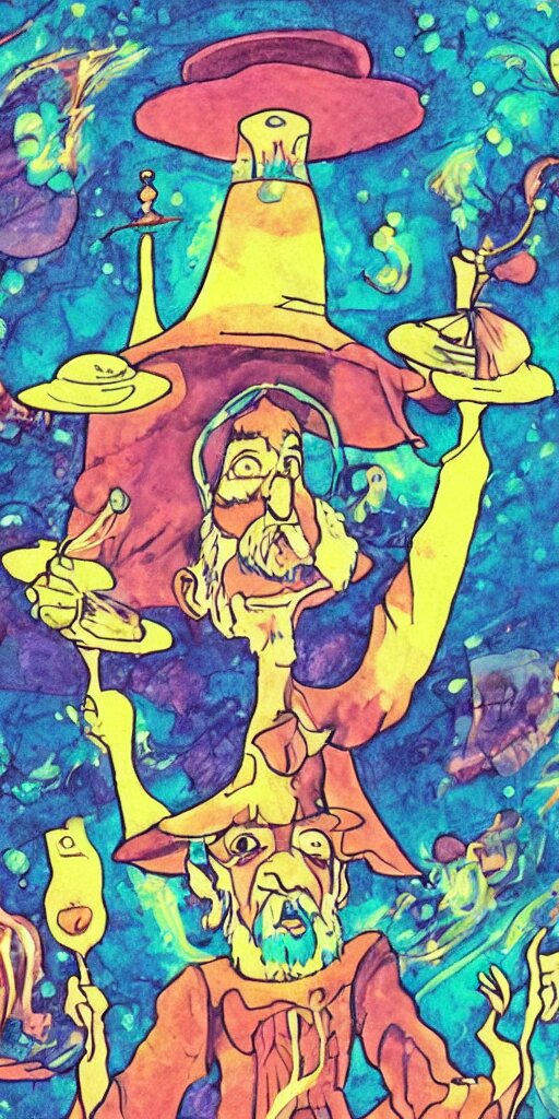 a mystical man with a goblet on the table, wizard hat, psychedelic, Korean animation