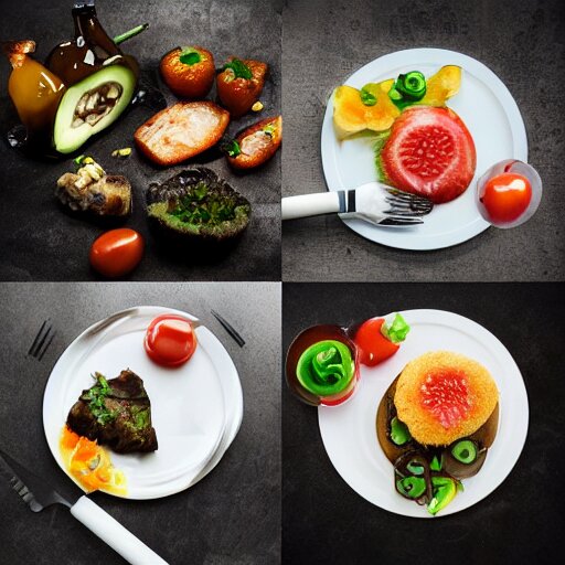 a meal of rather weird and slightly disgusting, but also futuristic designer food, food photography