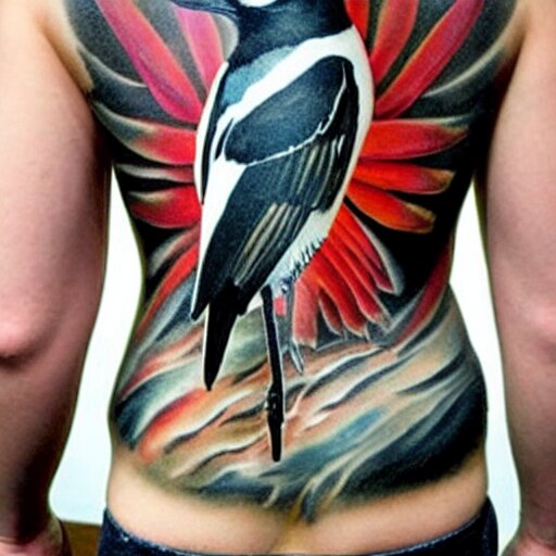 back piece tattoo of a magpie flared out holding a pennant in it's claws, high detail 