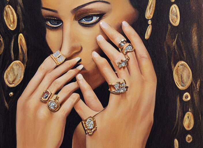 painting of a female wearing hundreds of gold and platinum rings, by alex petruk 