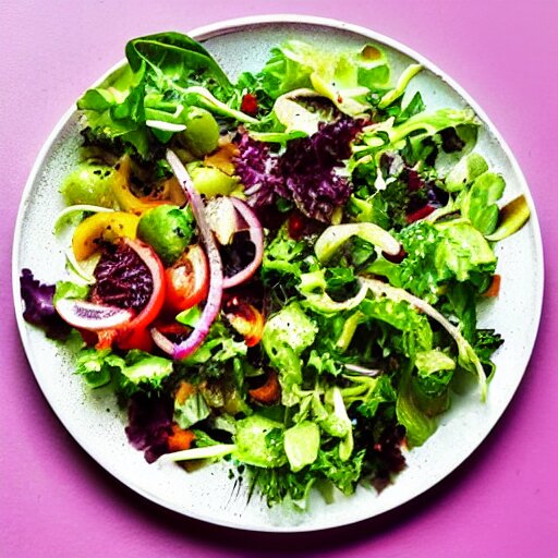 a plate of food made of salad and alien, award winning photographer, food photography 