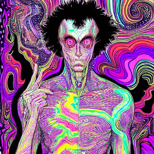 a psychedelic godlike humanoid, hyper detailed, in the style of rutkowski and junji ito and bob ross and lisa frank, selfie 