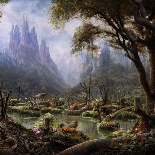 a beautiful and highly detailed matte painting of a dead fantasy floral garden in a empty forest in the dry valley high in the most epic mountains ever, intricate details, epic scale, insanely complex, 8 k, sharp focus, hyperrealism, very realistic, by caspar friedrich, greg rutowski, james gurney 