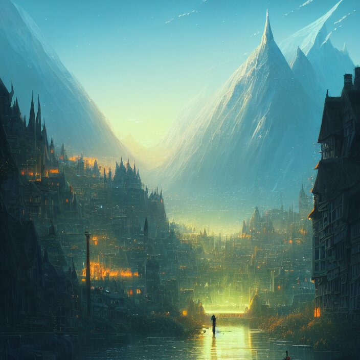 Authentic illustrations of different cities in The Lord of the Rings,Magnificent super wide angle,high quality, 8k,high resolution, city landscape, side scrolling, Rule of Thirds, 4K, Retrofuturism,by makoto shinkai,Anton Fadeev, thomas kinkade,greg rutkowski