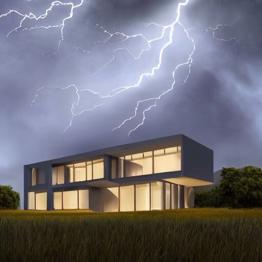 exterior view of modern futuristic haunted house architecture, on a hill with a view overlooking the city, lightning in grey skies, detailed luminescent oil painting 4 k 