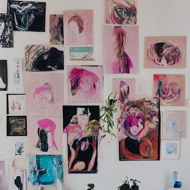 “art in an Australian artist’s apartment, organic, portrait of women, pink and blue hair, lesbian, ikebana, Japanese pottery, sacred feminine, womanhood”