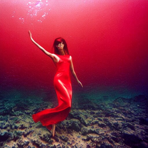 beautiful portrait of fashion model in red silk underwater, 35mm film