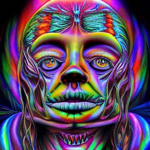 hyperrealism realistic lsd detailed 3 d scary pyschedelic trippy nightmare face in the style of alex grey and pablo amaringo and david normal 