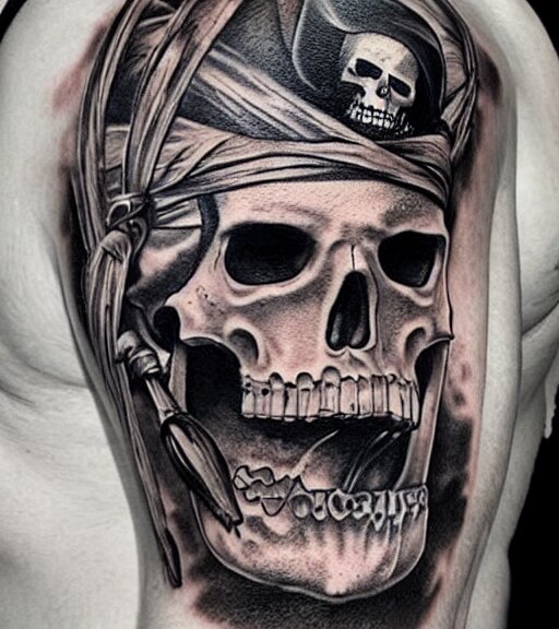 A realism tattoo design of a pirate ship, white background, black and white, highly detailed tattoo, realistic tattoo, realism tattoo, beautiful shades